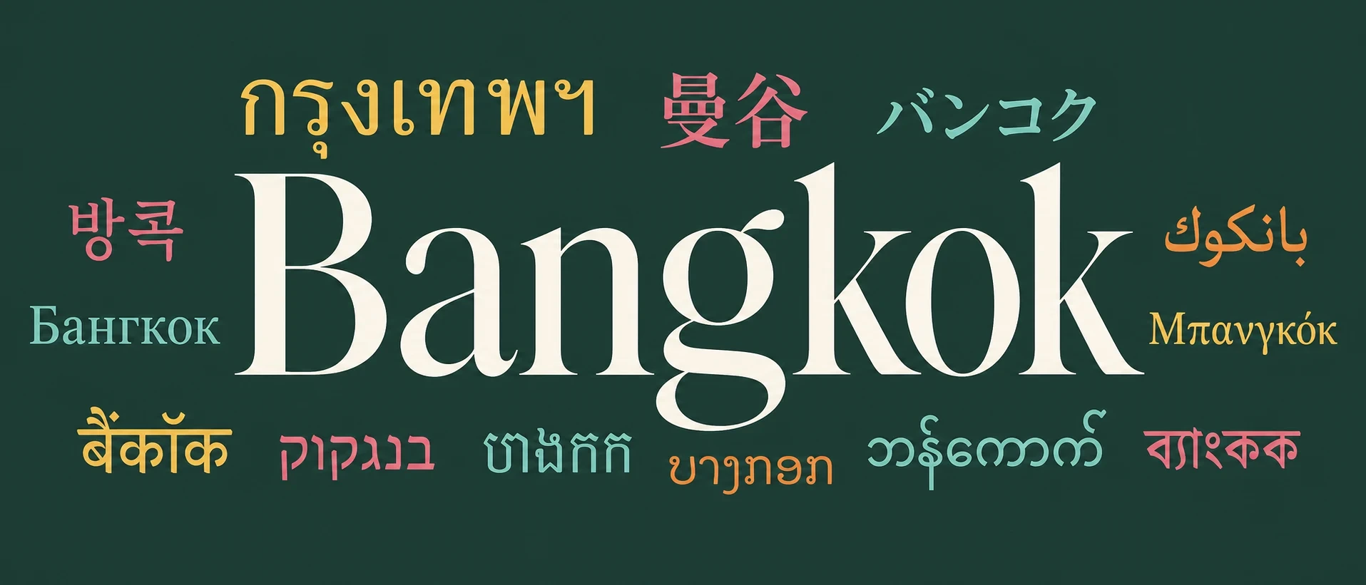 Bangkok, written as กรุงเทพฯ, บางกอก, กรุงเทพมหานคร, 曼谷, バンコク, 방콕, Бангкок, بانكوك, Μπανγκόκ, बैंकॉक, בנגקוק, ব্যাংকক, បាងកក, ບາງກອກ and ဘန်ကောက်